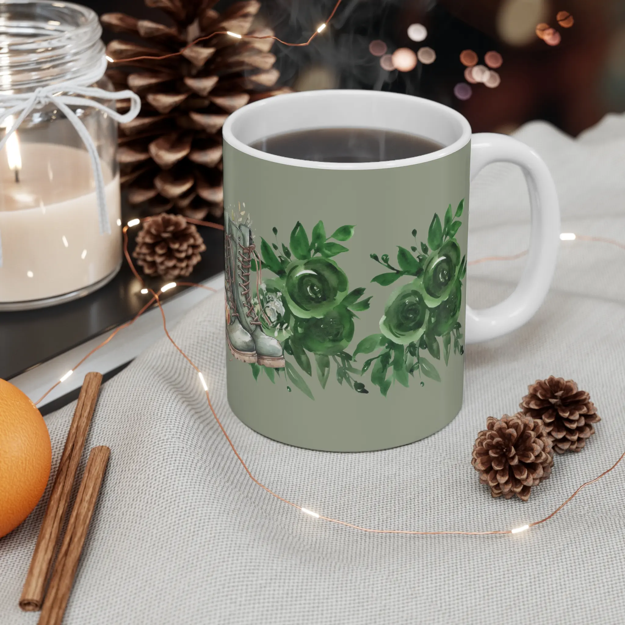 Green Flower Boot Mug 11oz, Floral Coffee Cup, Plant Lover Tea Mug, Nature Gift, Gardening Kitchen Decor, Botanical Drinkware coffee tea