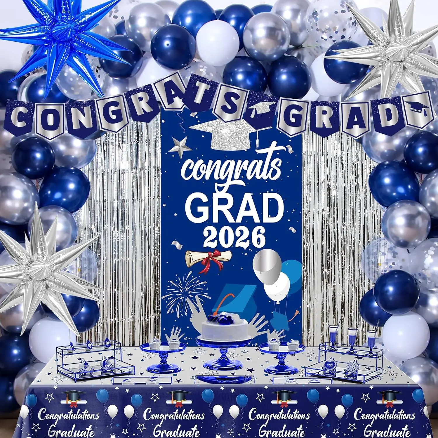 Graduation Decorations 2026 Blue and Silver, Graduation Decorations Class of 2026 Navy Blue Congrats Grad Banner, Tablecloth Star Foil Balloons Grad Decor for 2026 College Grad