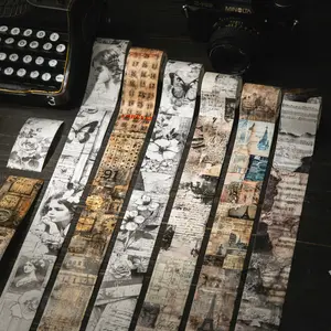 Vintage Japanese Washi Tape Roll, Book Page Scroll Series Decorative Stickers for Scrapbooking, Journals & Water Bottles, Retro Style Stationery Accessory, Craft