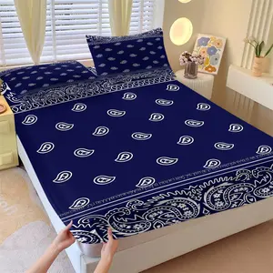 Navy Blue Paisley Camouflage Fitted Sheet Set, 1 Sheet & 2 Coreless Pillowcases, White Paisley Pattern Square Scarf Design, Anti-Slip Wrinkle Resistant Deep Pocket, Vintage Bedroom Decor, Gift Option