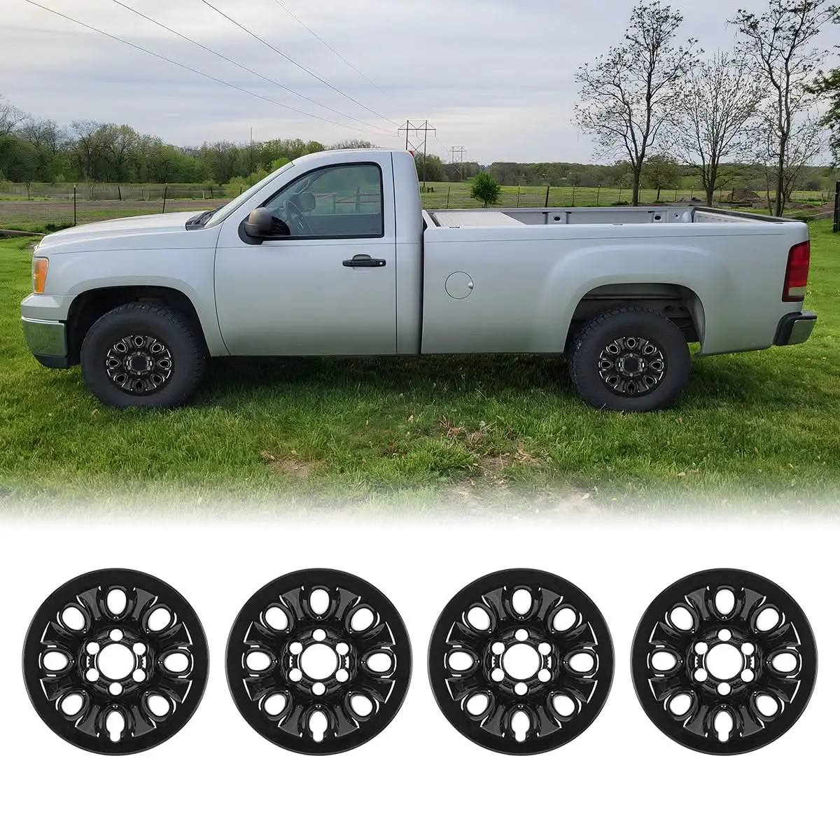 WOLFSTORM 4-Pack 17-Inch Wheel Rim Hubcaps - Car Parts, Truck Accessories, Wheel Covers for 2005-2013 Chevy Silverado 1500 Tires, Auto Replacement Parts for Chevy Trucks, Accessories for Car, Chevy Suburban, Abs+Pc Durable