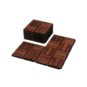Acacia Wood Interlocking Deck Tiles Checker Pattern, 10PCS 12" x 12" Square Brown Acacia Hardwood Outdoor Flooring for Patio, Bancony, Pool Side