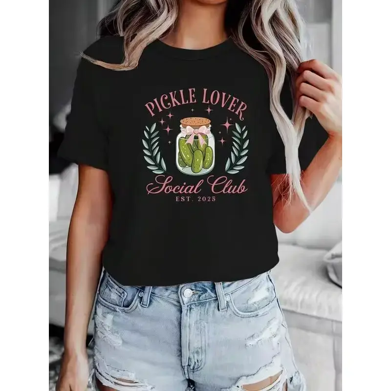 Women's Black Kimchi Pickle Lover Social Club Graphic T-Shirt, Breathable Lightweight Cotton Fashion Tee, Short-Sleeve Round-Neck, Medium-Stretch, Machine-Washable, Matching Piece For Daily Wear