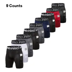 9 Pack Mens Gym Shorts with Pockets Workout Compression Leggings for Men Polyester Boxer Briefs Running Basketball Athletic Tights