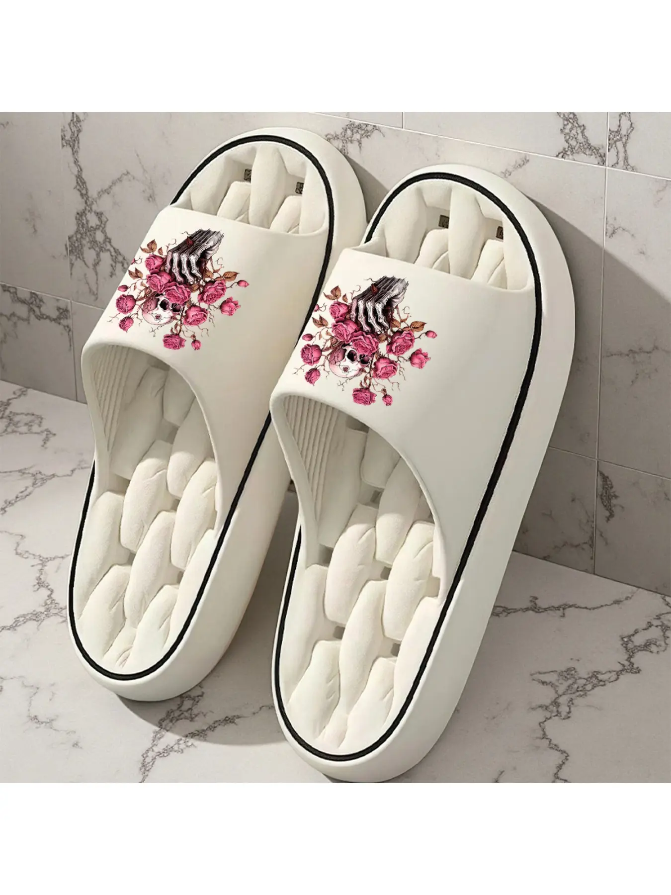 1 Pair of New Unisex Slippers, Skull And Pink Rose Slippers, Indoor/Outdoor Slippers, Holiday Gift Slippers, Women'S Home Shoes, Room Slippers, Birthday Gift Slippers, Casual Slippers, Summer EVA Slippers, Bathroom Slippers, Beach Slippers