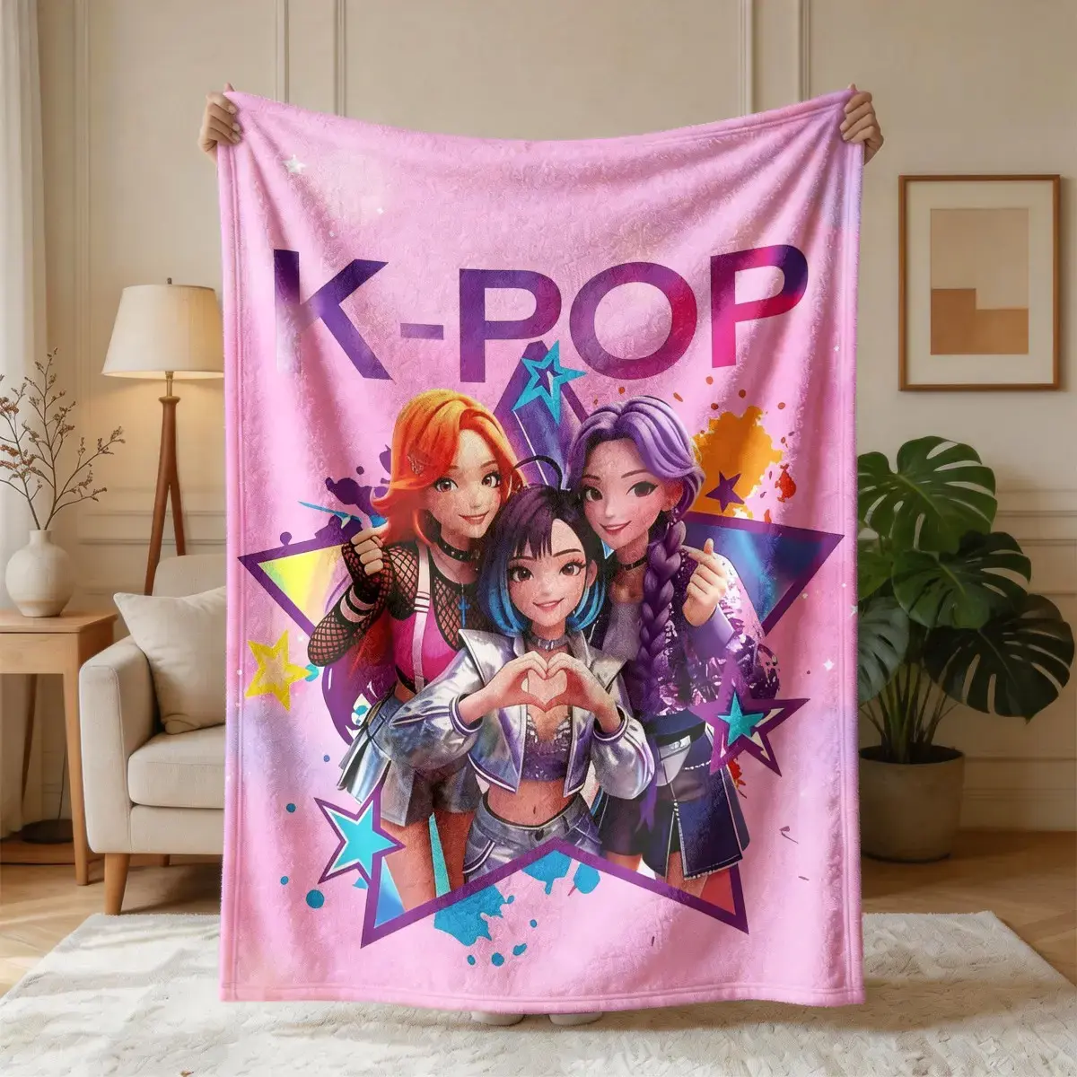 K-Pop Girl Group Illustration Flannel Blanket, Large Size, Soft and Lightweight, Perfect for All Seasons, Ideal for Bed, Sofa, Office, Camping, Travel