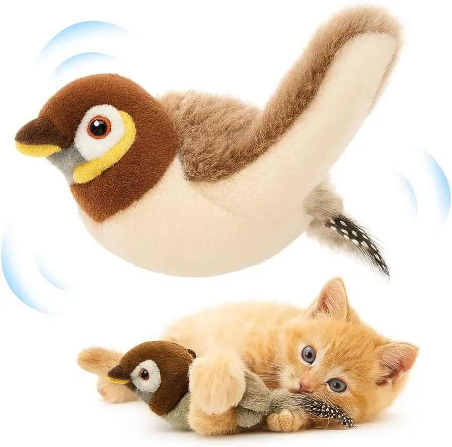 USB Rechargeable Flapping Bird Cat Toy, Realistic Sparrow Simulation Electronic Pet Toy with Moving Wings, Interactive Hunting Chase Game Toy for Indoor Cats, Kittens, Exercise Training and Daily Entertainment