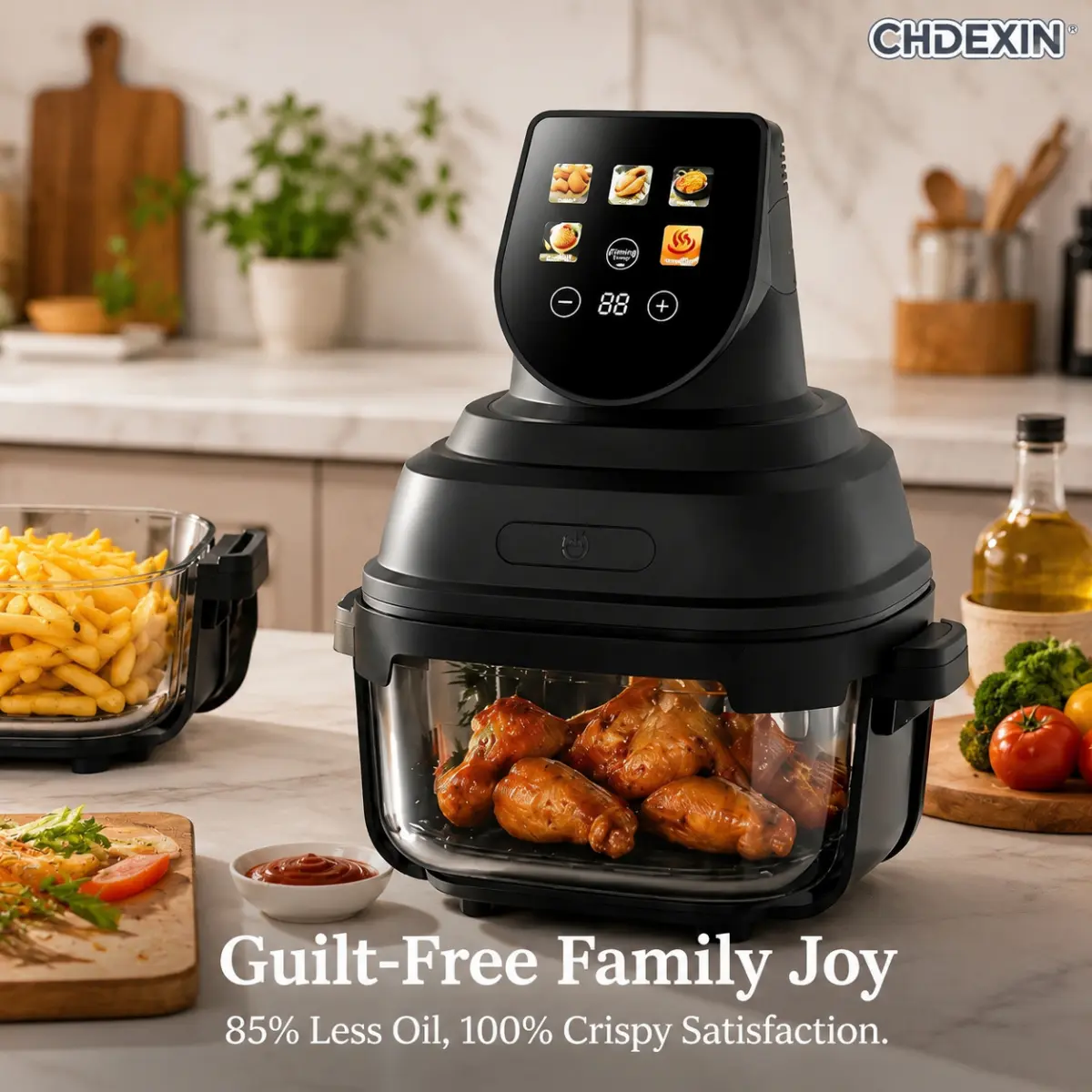 Toxin-Free Borosilicate Glass Pot 360° Visual Cooking Air Fryer Smart Touch Control Air Fryer Quiet Operation Compact Fryer Multi-Function One-Touch Cooking Thermal Protection Safe Air Fryer Versatile Healthy Cooking ApplianceEasy-To-Clean Detachable