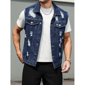 Street wear Y2K blue ripped washed men's denim jacket trendy high street versatile short sleeved vest outdoor casual men's jacket