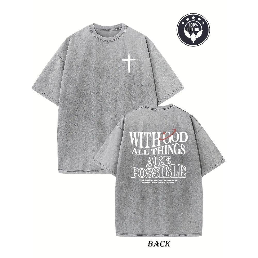 Men's Heavyweight 230gsm Cotton Vintage Washed T-Shirt - Dual-Sided "with God All Things Possible"Cross Print, Loose Fit Hip Hop Streetwear, Round Neck Short Sleeve Casual Tee for Casual Attire, Ribbed Neckline Shirt Crewneck Knit Fabric Tshirt