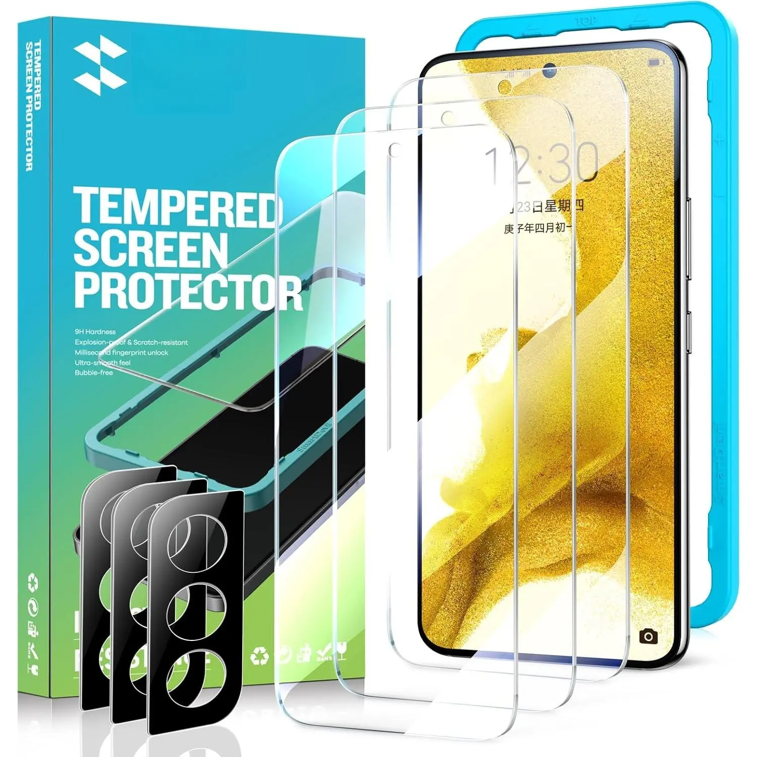 (3+3 Pack for  Galaxy S22 Screen Protector, Finger Print Reader Compatible, with Camera Lens Protector, Clear 9H Tempered Glass Film, Alignment Frame [Easy & Fast Installation]