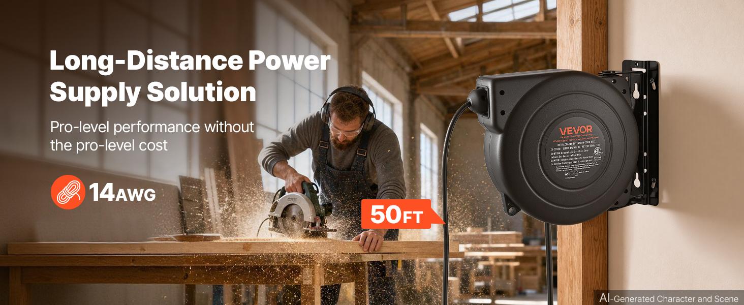 VEVOR Retractable Extension Cord Reel - 50FT Heavy Duty 14AWG/3C SJTOW Black, Ceiling Mount, Wall Mountable, 13A Circuit Breaker, Automatic Retraction, Lighted Triple Tap, 180° Swivel Bracket