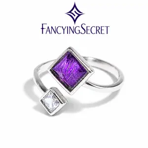 FancyingSecret S925 Silver Dual Stone Ring – Vibrant Purple Iron Meteorite with Sparkling CZ Chips | Modern Open Band, Unique Cosmic Jewelry for Daily & Special Occasions