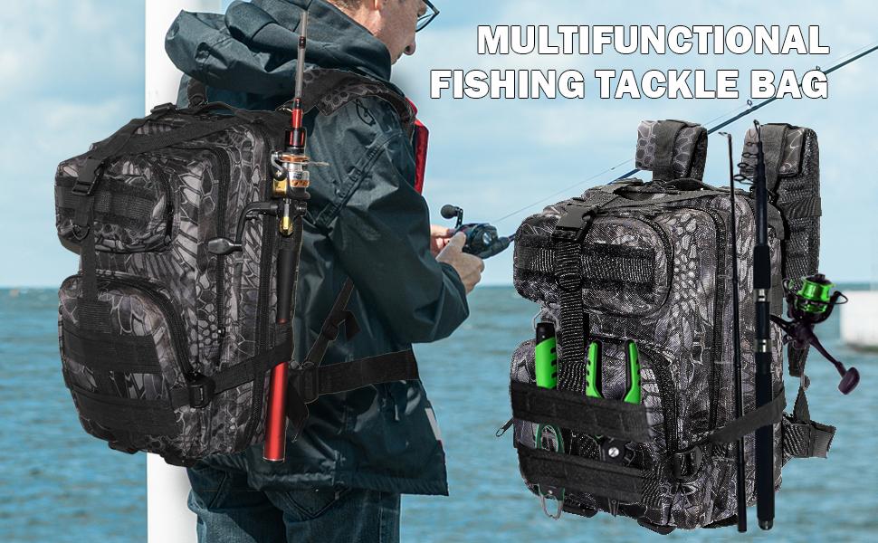 Large Fishing Backpack with Rod Holders Lightweight Fishing Tackle Backpack Professional Water-Resistant All-in-One Rod Holder & Gear Storage