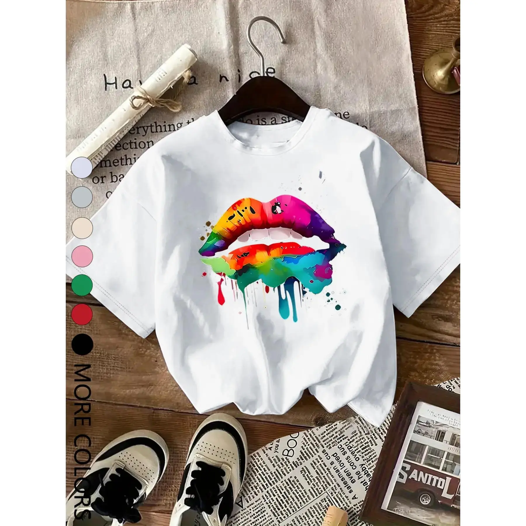 Women's Classic Soft Fitted Polyester Knit T-Shirt - Short Sleeve, Round Neck, Rainbow Stripe Digital Print, Casual Streetwear Sports Top, Cold Wash, Sporty Chic, XL, All Seasons, Check Size Chart (Women's T Shirts)