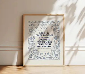 [Sale Up To 50%][No frame, Free Ship] Fruit of the Spirit Art Print, Love Joy Peace Scripture Gift, Galatians 522 Artwork, Bible Verse, Christian Art, Blue and Cream