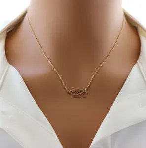 18K Gold Plated Pavé Ichthys Pendant Necklace – Sparkling Christian Fish Symbol Jewelry for Elegant Faith Style