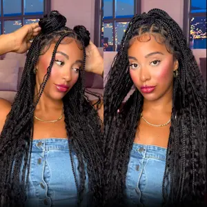 【Human Hair Blend】Sunber Full Lace Boho Braided Wigs With Human Hair Curly Ends 34“ Pre Cut Lace Knotless Box Braid Wigs Island Twist Hairstyle Beginner Friendly