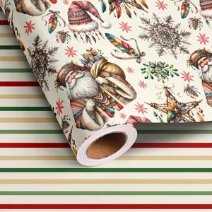 Vnaaem Reversible Vintage Christmas Wrapping Paper Roll - Brown Bohemia Xmas Santa Claus, Santa Hats, Stars & Stripes Design Gift Wrap for Holiday Party Celebration, DIY Craft - 17 in X 20 Ft(Total 28.5Sq.Ft)