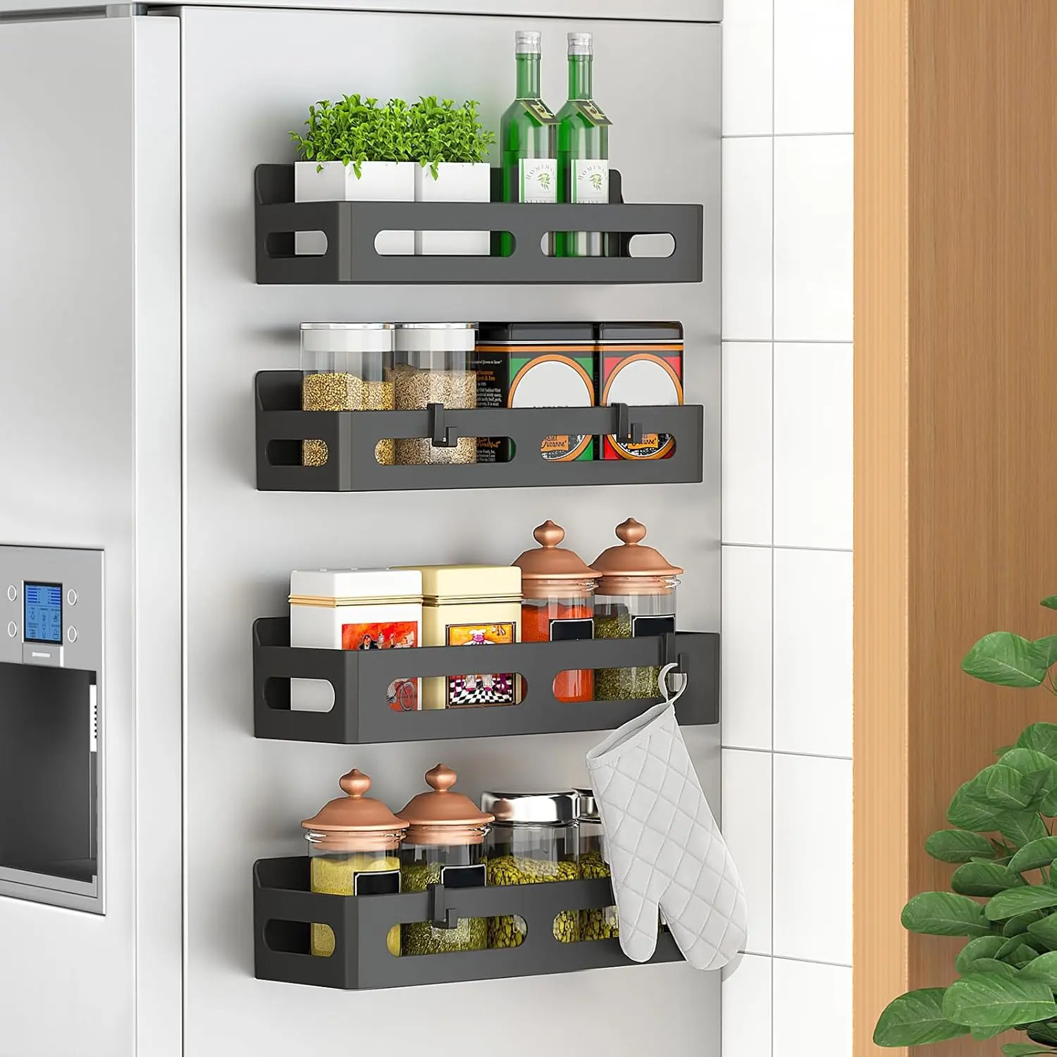 4 Pack   Rack for Refrigerator,  Rack Organizer, Moveable  Shelf Fridge Organizer with 4 Hooks for Kitchen and Oven Organization, Black