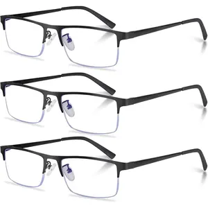 3-Pack Reading Glasses for Men, Lightweight Metal Half Frame Blue Light Blocking Computer Readers, Filter UV Ray/Computer Glare with Spring Hinge Eyeglasses