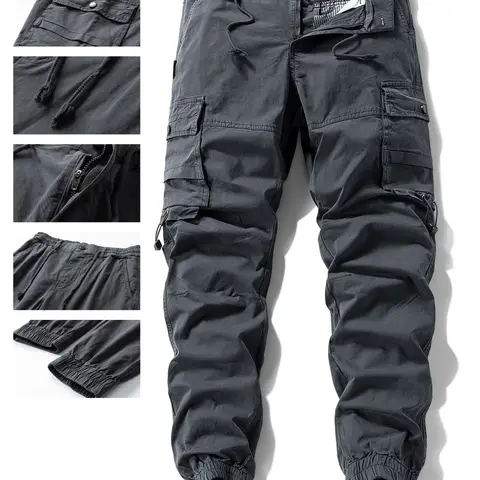 Men’s Elastane Breathable Stretchy Cargo Pants - Plain Menswear, Autumn Long Chic Comfy Pants, Multi-Pocket, Adjustable Drawstring Cuffs, Casual Fit, All-Purpose, Back to School Outfits
