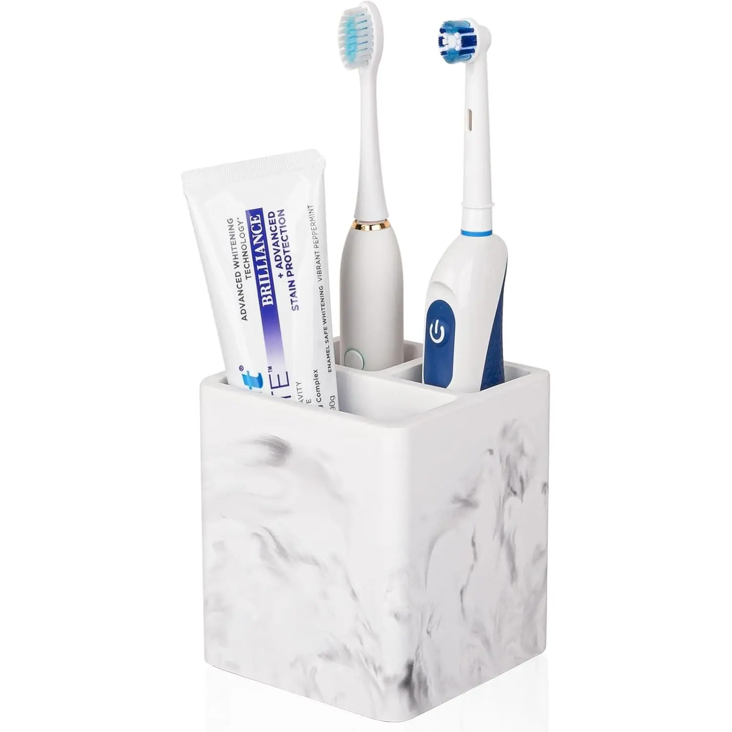 Marble White Diatomite Toothbrush Holder - 1 Piece Elegant & Modern Bathroom Countertop Organizer with 3 Individual Compartments, Water Draining, Synthetic Rubber Material, 3.8×3.8×3.9 inches, Table Mount Home Decor