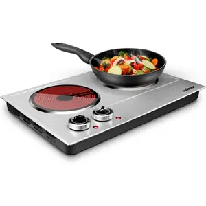 Cusimax Ceramic Double Hot Plate,1800W Portable Electric Burner,Infrared Countertop Cooktop,Silver