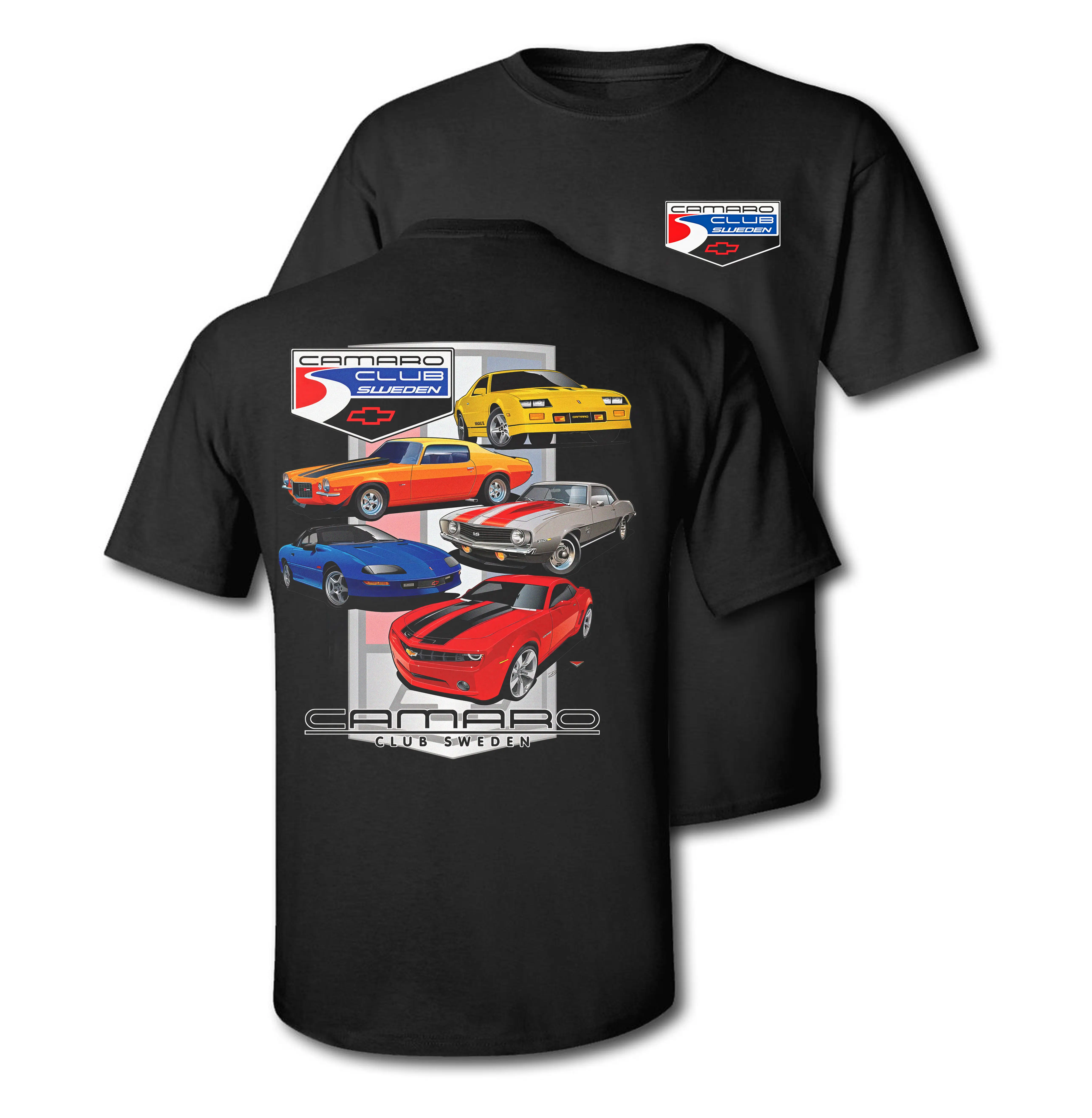 Camaro Club Sweden T-Shirt - Classic & Modern Camaro Generations Graphic Tee for Men's Wear, Short Sleeve, Cotton Material, Checkered Design unisex t-shirt graphic unisex shirt