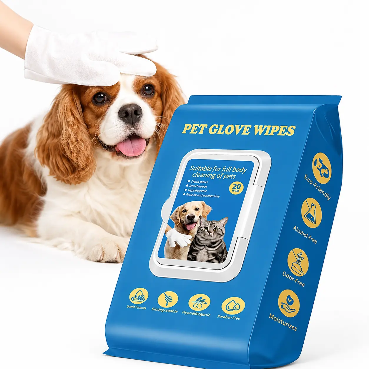 Soft Textured Pet Grooming Glove Wipe Pack - Fragrance-Free, Sensitive Skin-Safe, Rinse-Free Wipes for Daily Clean of Paws, Body & Bottom