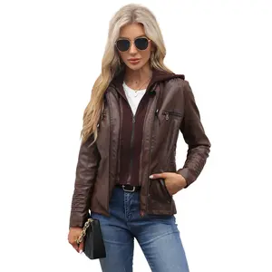 Women's Hooded Leather Motorcycle Jacket Two-Piece Set Detachable Slim Fit Short PU Leather Coat Vintage Street Zipper Decorated Top