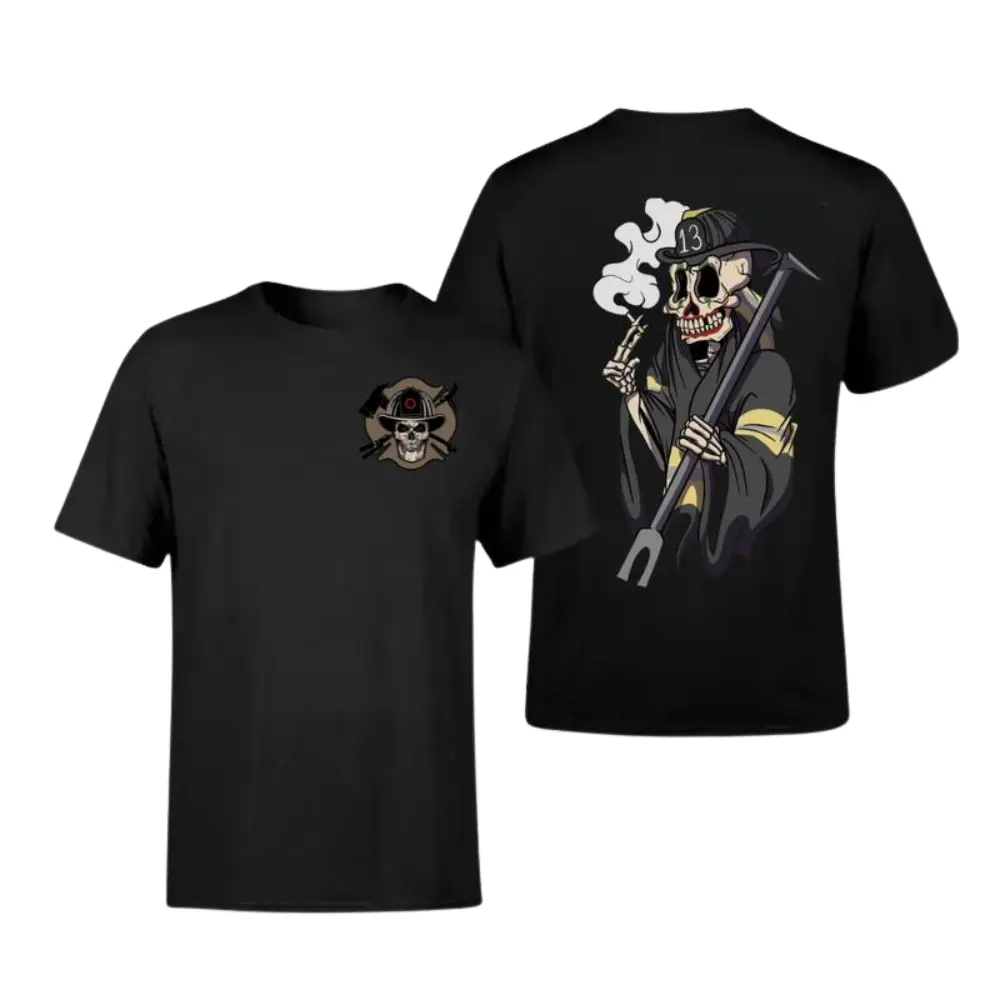 Skeleton Firefighter T-Shirt, Grim Reaper Fireman Graphic Tee with Number 13 Helmet & Crowbar Design, Badass Firefighter Shirt for First Responders, Firemen & Firefighter Fans