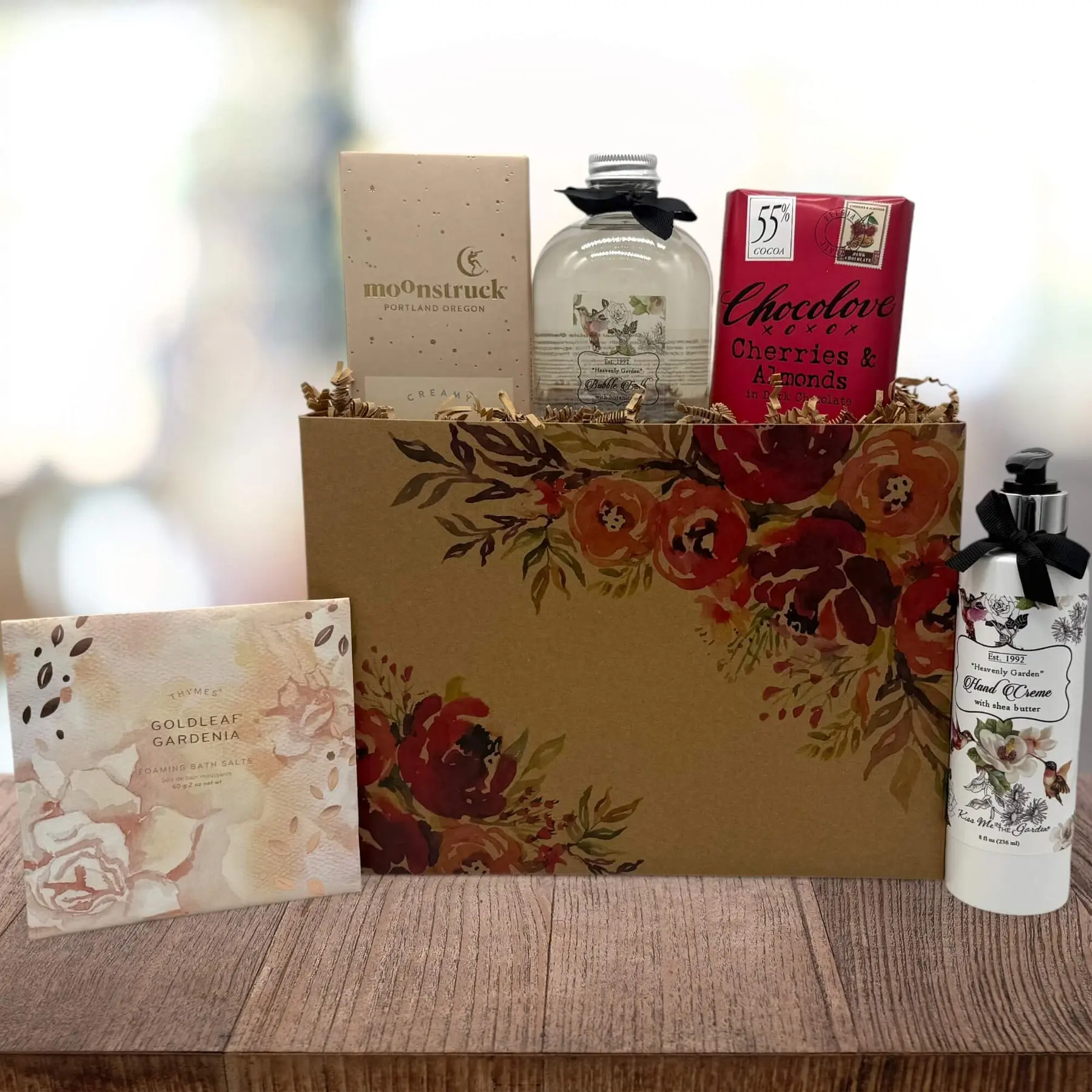 Itsonlynaturalgifts Rose Delight Gift Basket with Moonstruck Portland Cream Chocolove Cherries Almonds Goldleaf Gardenia & Hand Cream for Luxurious Natural Gifts Sweet