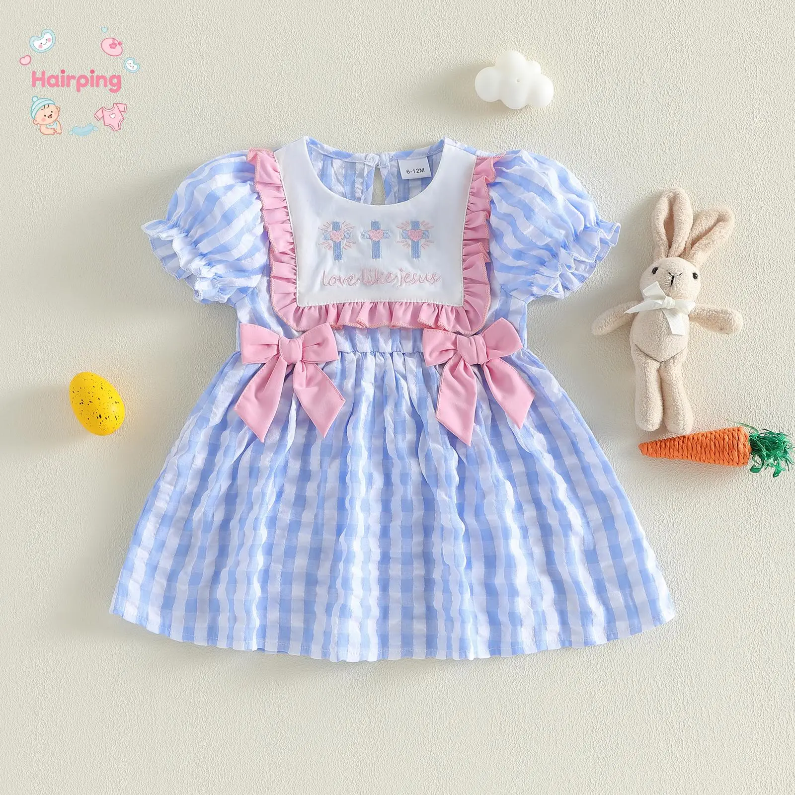 Baby Girl Easter Striped Print Dress - Blue Baby Clothing with Short Puff Sleeves, "Love Like Jesus" Embroidery, Pink Ruffled Ribbon Bows, Cute Toddler Spring Holiday Outfit