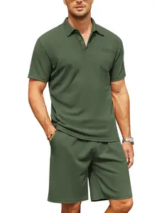 COOFANDY Men's Waffle Knit Polo Shirt and Shorts Set 2 Pieces Outfits Summer Suit Casual Tracksuit with Pockets