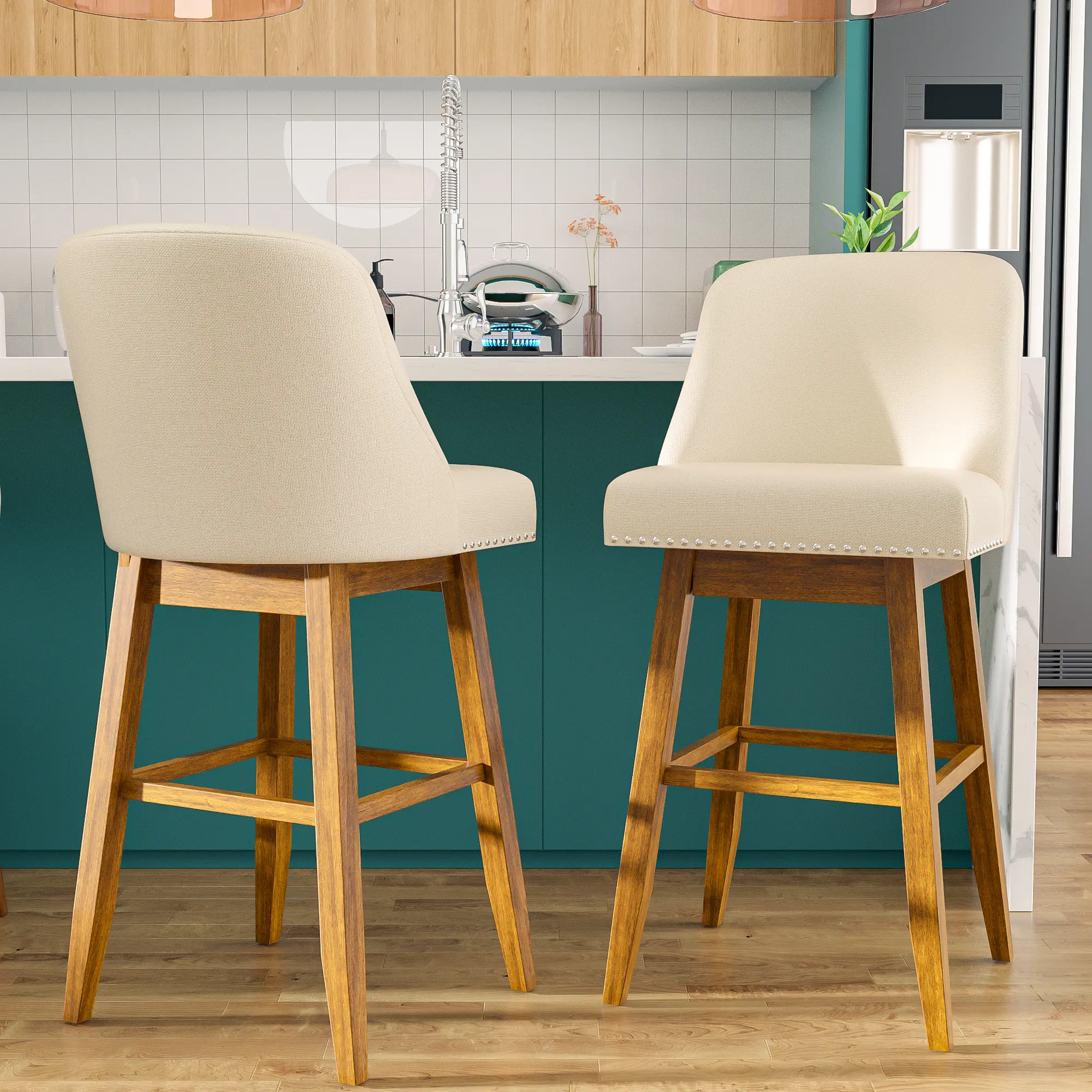Topwin 26" Swivel Upholstered Bar Stools with Backs, Set of 2, Counter Height Kitchen Chairs for Dining Furniture & Modern Gaming Use
