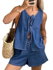 Women's Casual Denim Two-Piece Set, Front Tie Sleeveless Tank Top Vest, High-Waisted Shorts, Loose Fit Summer Fashion