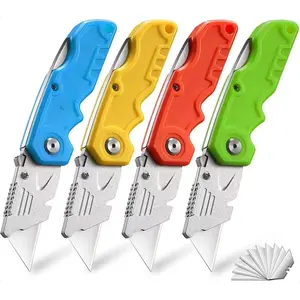 Box Cutter, 4-Pack Tough Folding Box Cutter for Heavy Duty Purpose, Razor Sharp Blade, Comfortable Handle, with Extra 10-Piece Blades, Can cut Drywall, Sheet Plastic, Linoleum, Boxes, Rope
