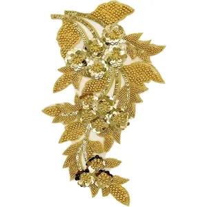 1pc Large Flower Rhinestone Applique Gold Embroidery Sequin Patches for Clothes Beaded Lace Applique for Wedding Bridal Dress Bodice Hat Sewing Craft for Girl Embellishment Gold