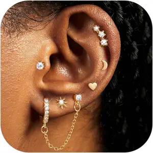 Flat  Earrings for Women, 14K  Plated Trendy Cartilage Earring Sets for Multiple Piercing  Small Huggie Hoop Earrings Stacks with Dangle Chain Dainty  Stud Earrings