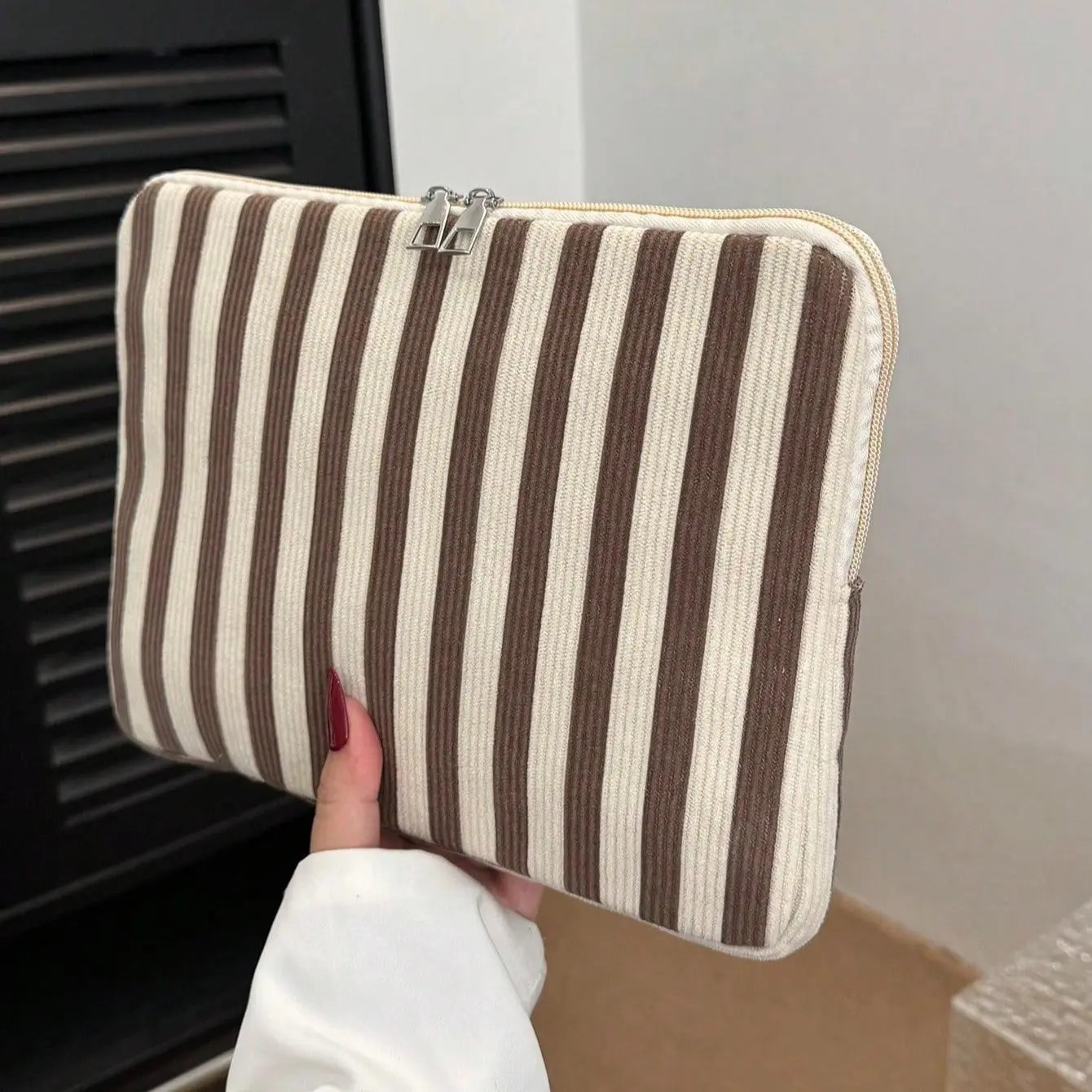 Minimalist Vertical Striped Corduroy Padded Laptop Tablet Sleeve Bag, Tan & Beige with Zipper Closure, Multi-Size Fit for Notebooks & iPads - Protective Laptop Bags, Bag Laptop Bags