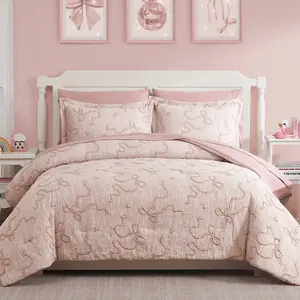 Melex Home Pink Twin Comforter Set for Girls- 5/7 Pieces Bowknot Jacquard Bed in A Bag Twin Bedding Sets with Sheets, Pillowcases & Shams, All Season Kids Comforter Set