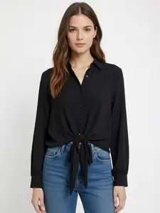 Women's Long Sleeve Button Down Tie Front Cropped Shirt