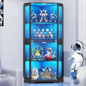 Corner Display Cabinet with Glass Doors, 65" Lighted Curio Display Case with 3 Color Lights for Collectibles, Books, 4-Tier Bookcase with Human Body Sensor