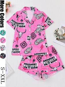 Women's Sleepwear Set, Cow Print Plaid Shirt Collar Soft Top & Elastic Shorts, Casual Home Wear, Comfortable All-Season