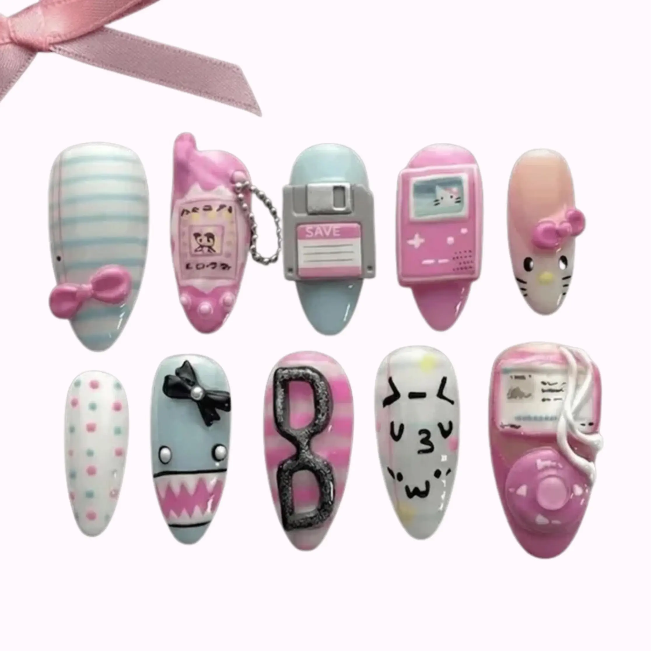 Y2K Retro Tech Press On Nails | 3D Tamagotchi, Game Console & Cute Cat Art | Pink Blue Kawaii Statement Nails