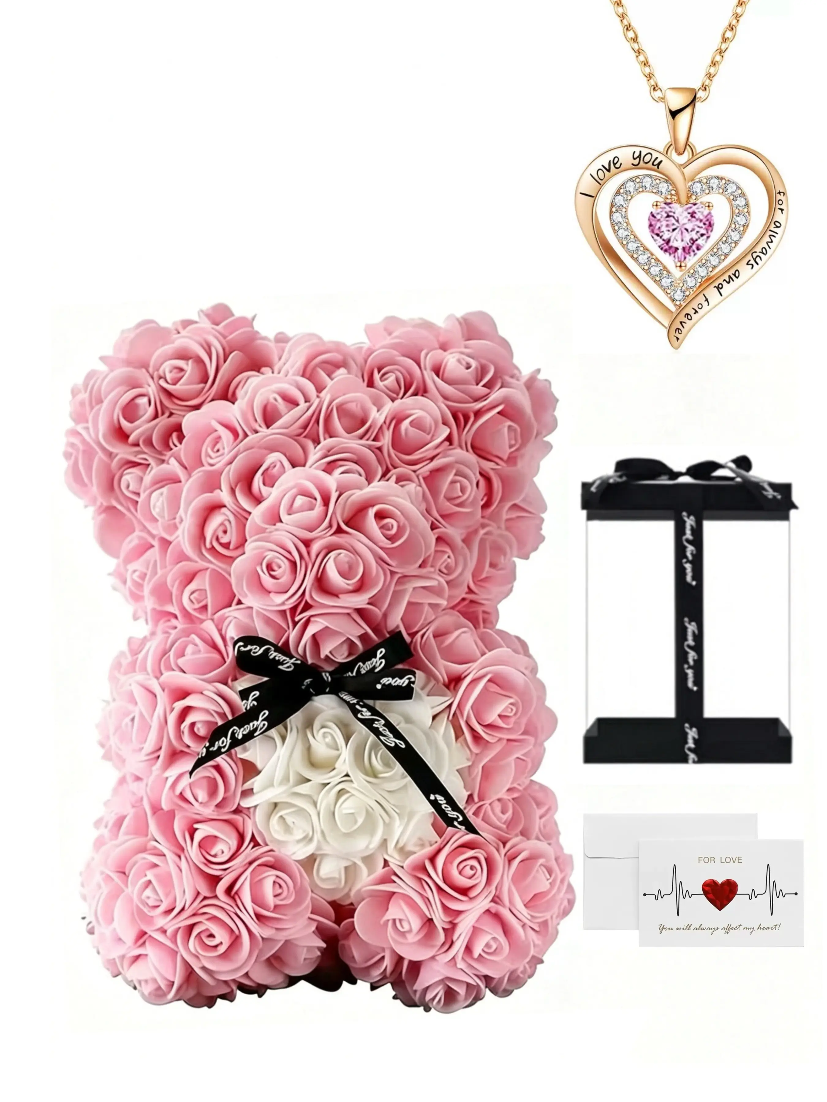 Mother's Day Gift Heart Necklace, Foam Flower Bear Ecg Card, PVC Box, Perfect Present for Mom, Unique and Thoughtful Design, Exquisite Jewelry Gift, Hearts Pendant Necklace