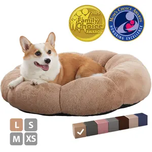 OhGeni 31 inches Calming Donut Dog & Cat Bed for Medium Pets, Warming Comfort Fluffy Short Pile Fur, Durable Waterproof Machine Washable Removable Cover, Cute Round Bed for Puppy