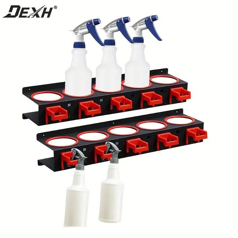Hanging Durable Sturdy Multifunctional Organizer Rack - Hangable Metal Wall-Mounted 5-Hole Spray Bottle Holder with 5 Plastic Hooks for Automotive & Motorcycle Cleaning Tool Stowing