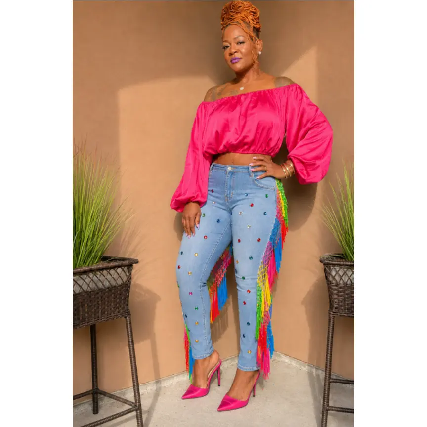 Women's Rainbow Fringe Denim Jeans, High-Waist Skinny Pants with Rhinestone Detail for Boho Festival Fashion, Tassel, Tee, Top, Party, Fitted, Streetwear, Everyday, Pockets